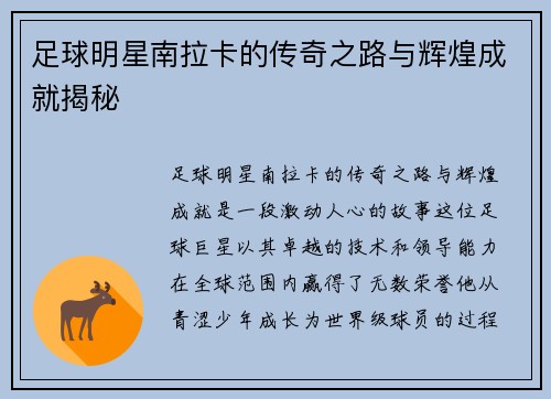 足球明星南拉卡的传奇之路与辉煌成就揭秘